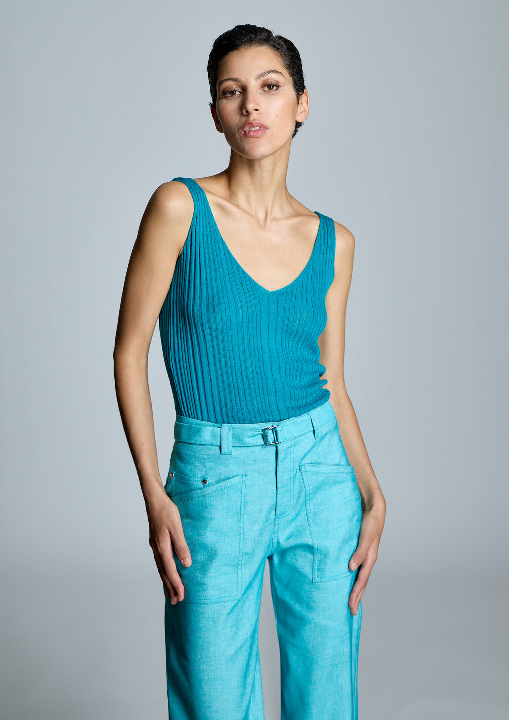 Top ALBA CONDE canalé turquesa