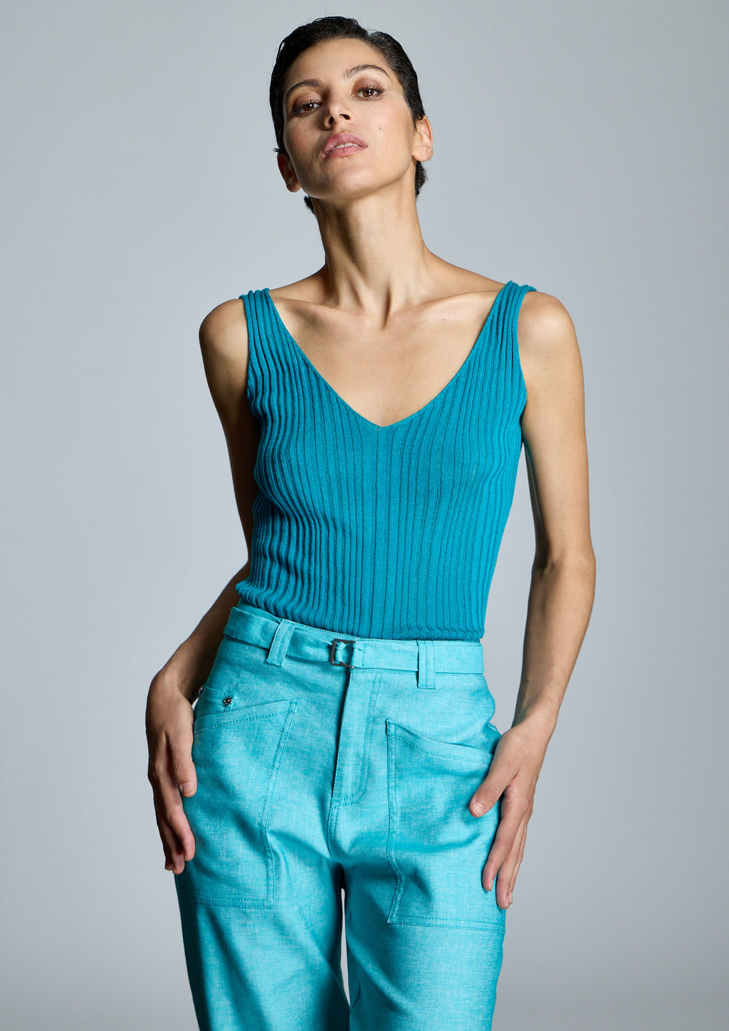 Top ALBA CONDE canalé turquesa