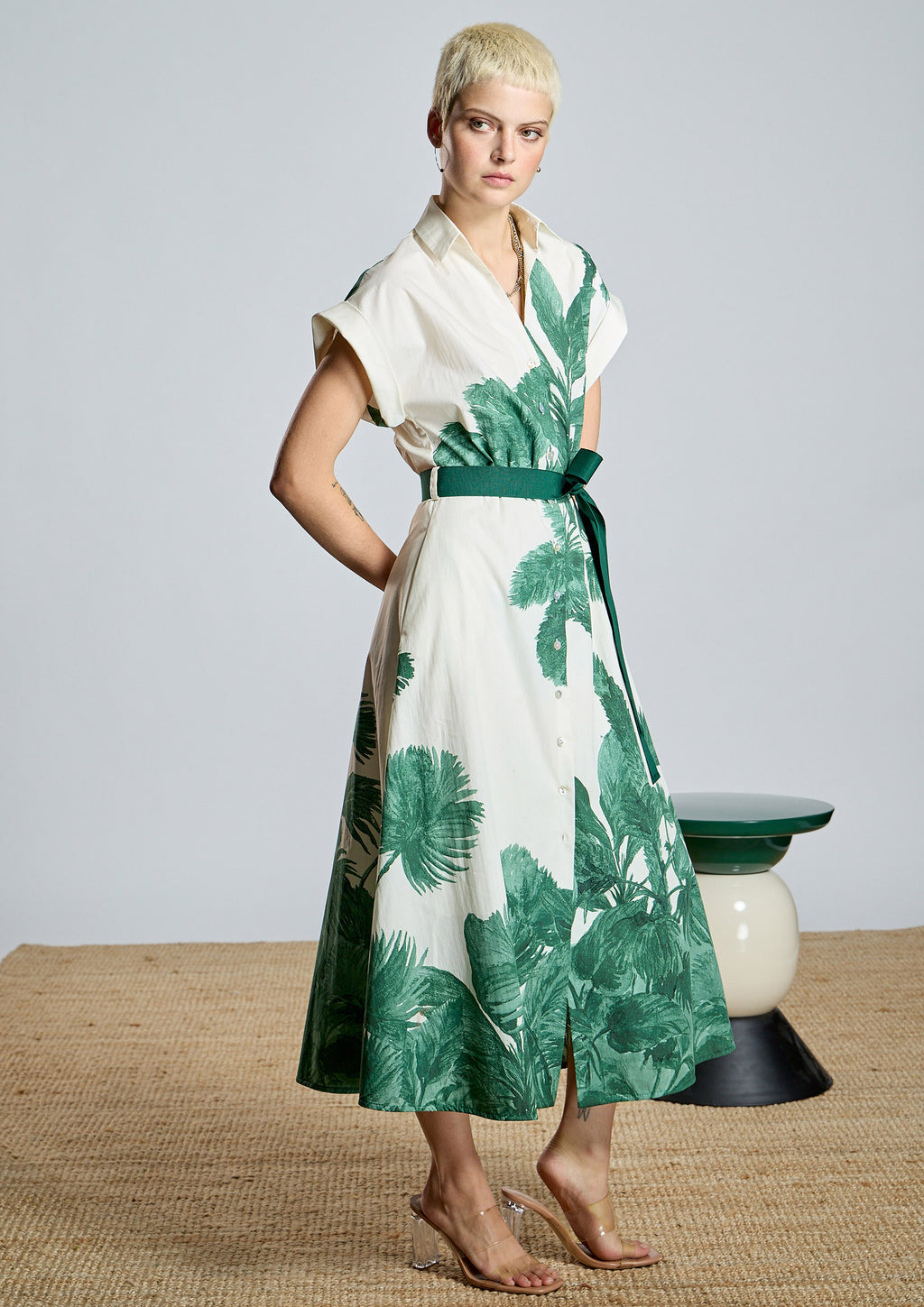 Vestido ALBA CONDE camisero estampado verde floral