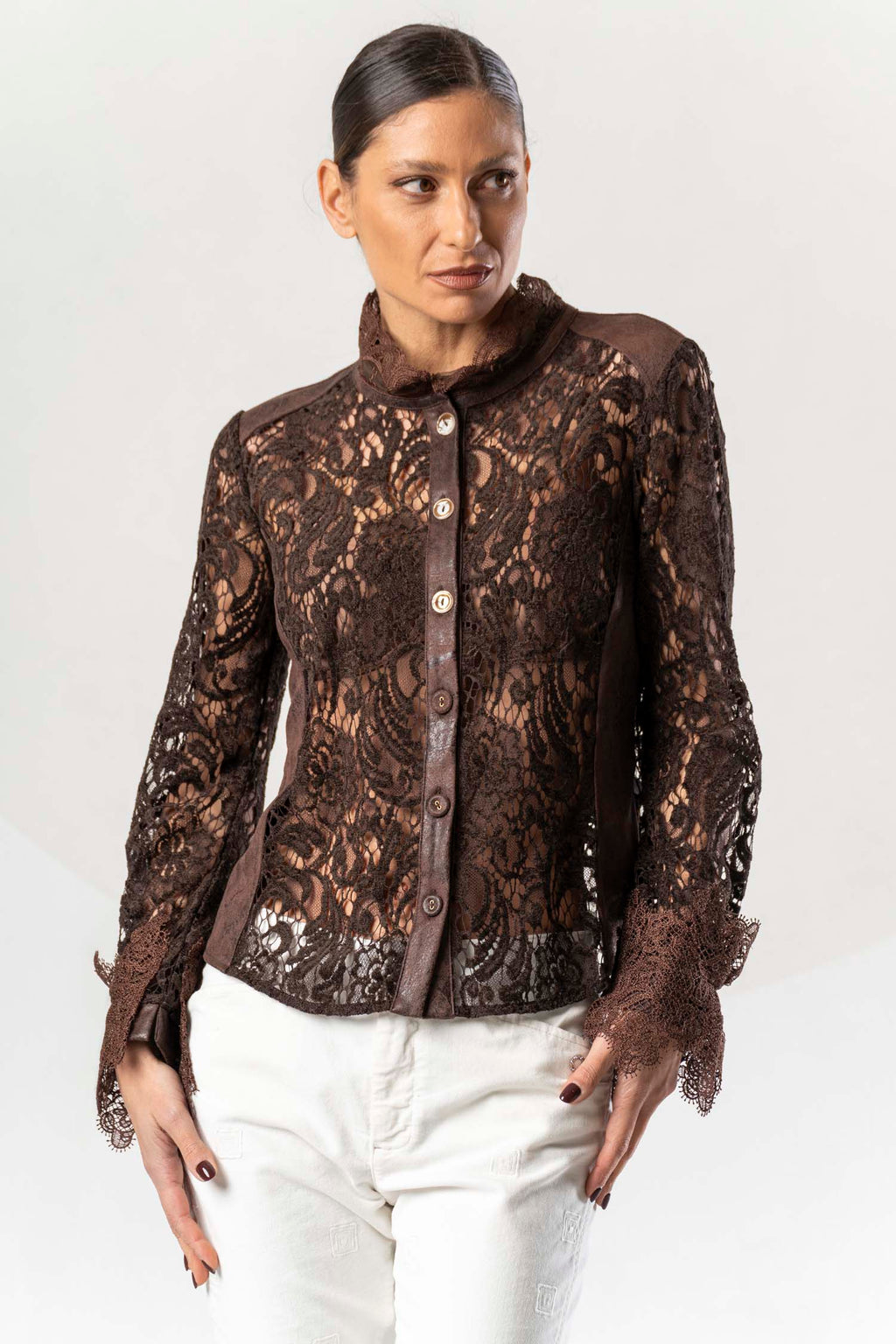 Camisa ELISA CAVALETTI de encaje marrón chocolate