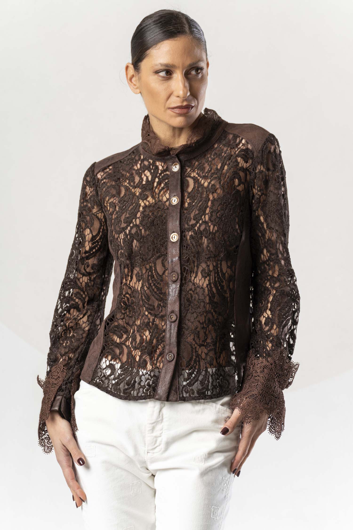 Camisa ELISA CAVALETTI de encaje marrón chocolate