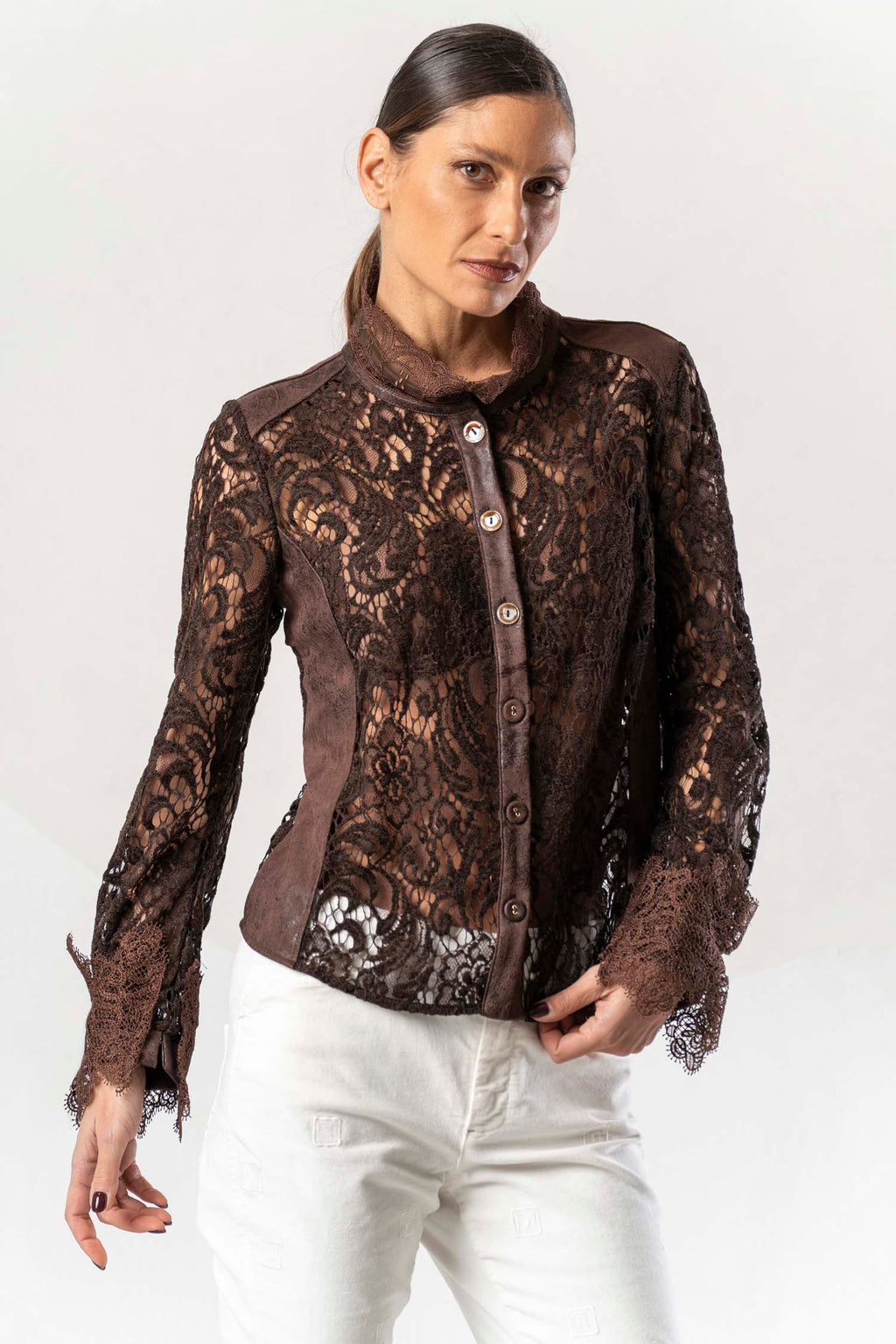 Camisa ELISA CAVALETTI de encaje marrón chocolate