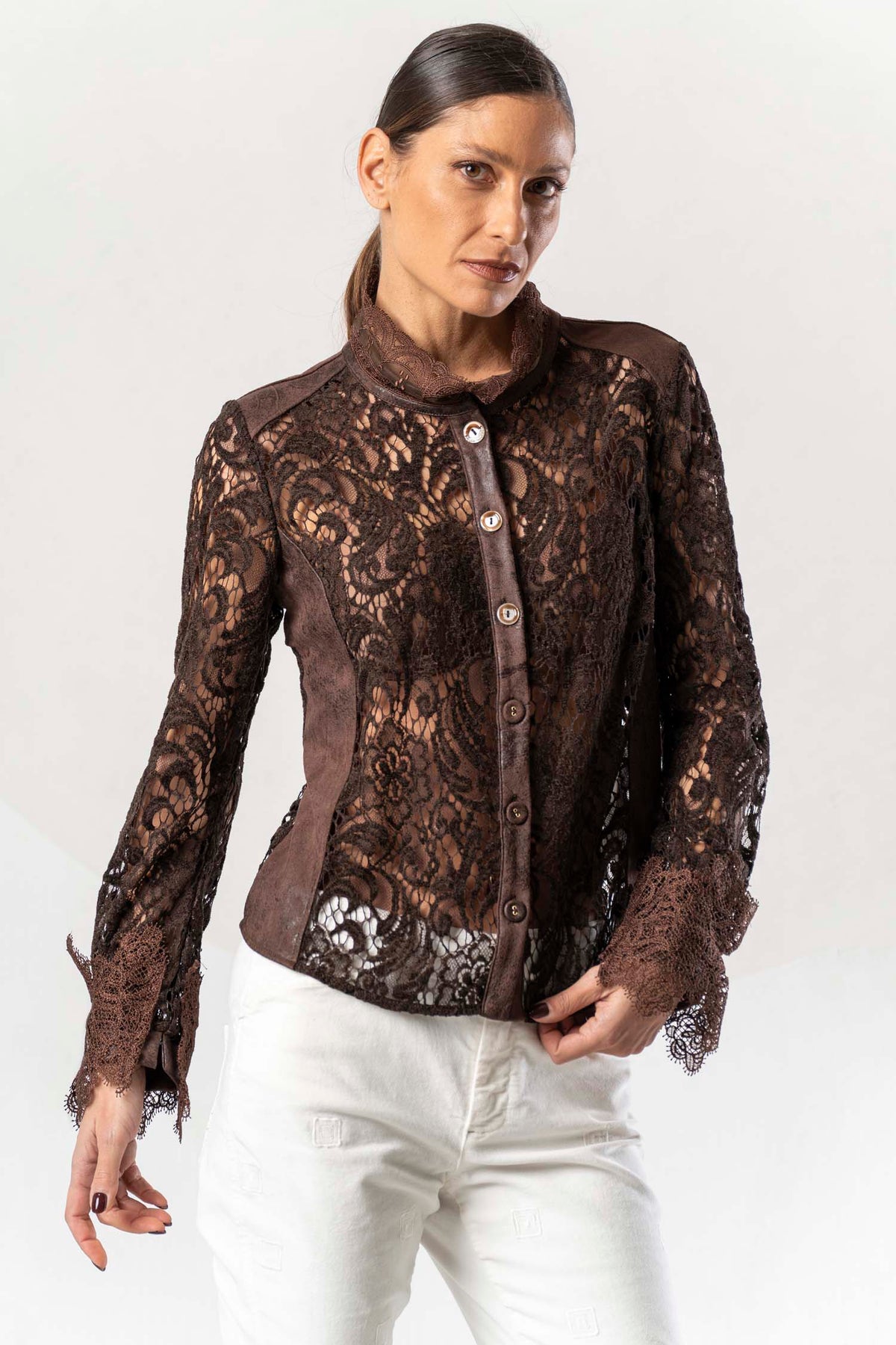 Camisa ELISA CAVALETTI de encaje marrón chocolate