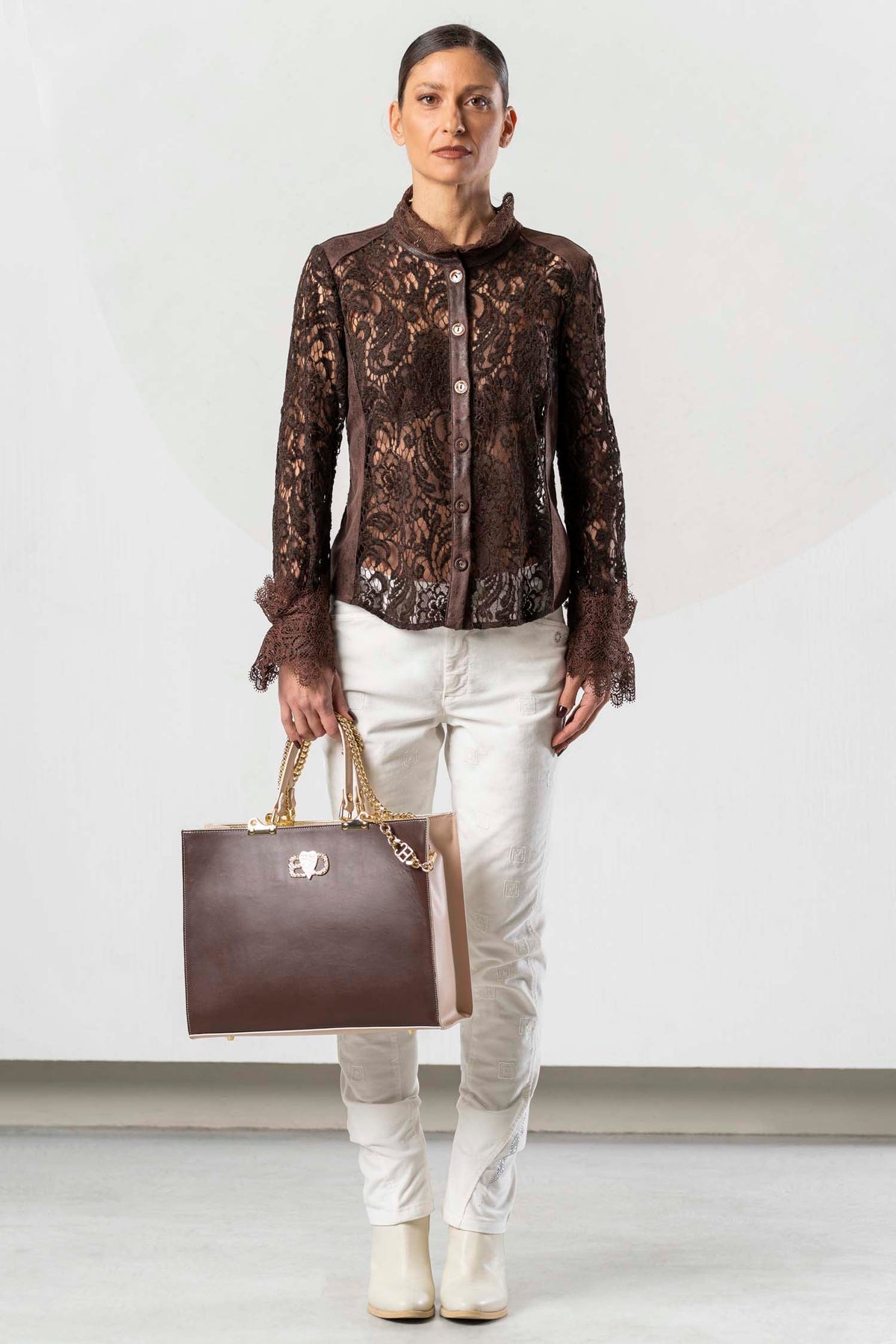 Camisa ELISA CAVALETTI de encaje marrón chocolate