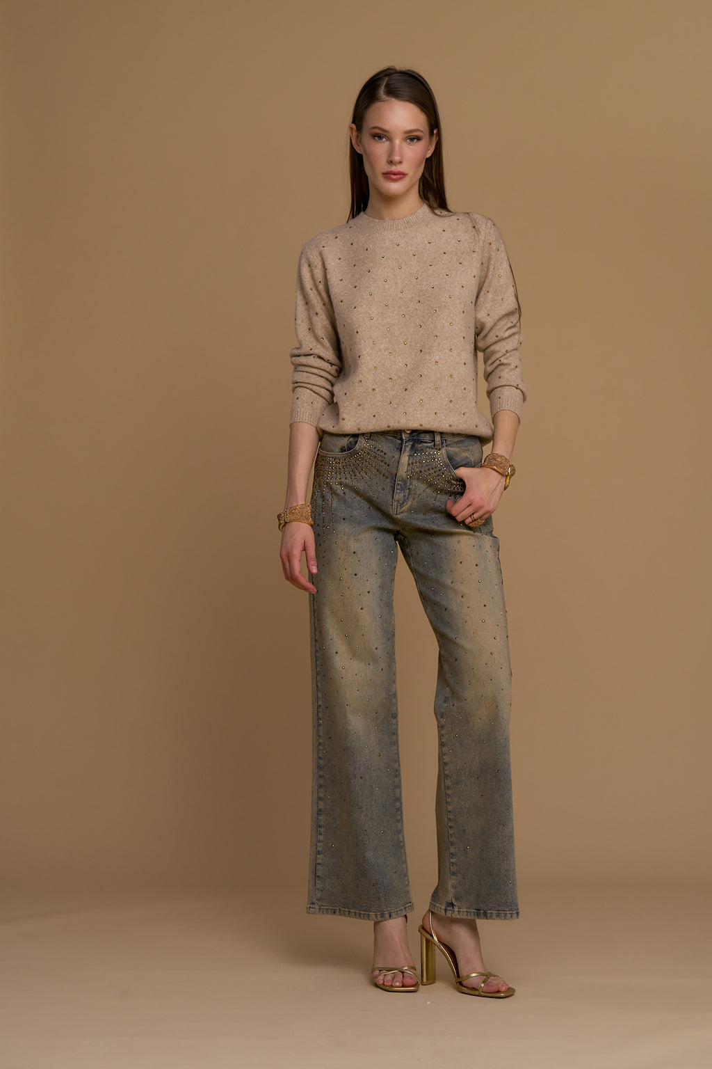 Pantalón NO SECRETS denim desgastado dorado