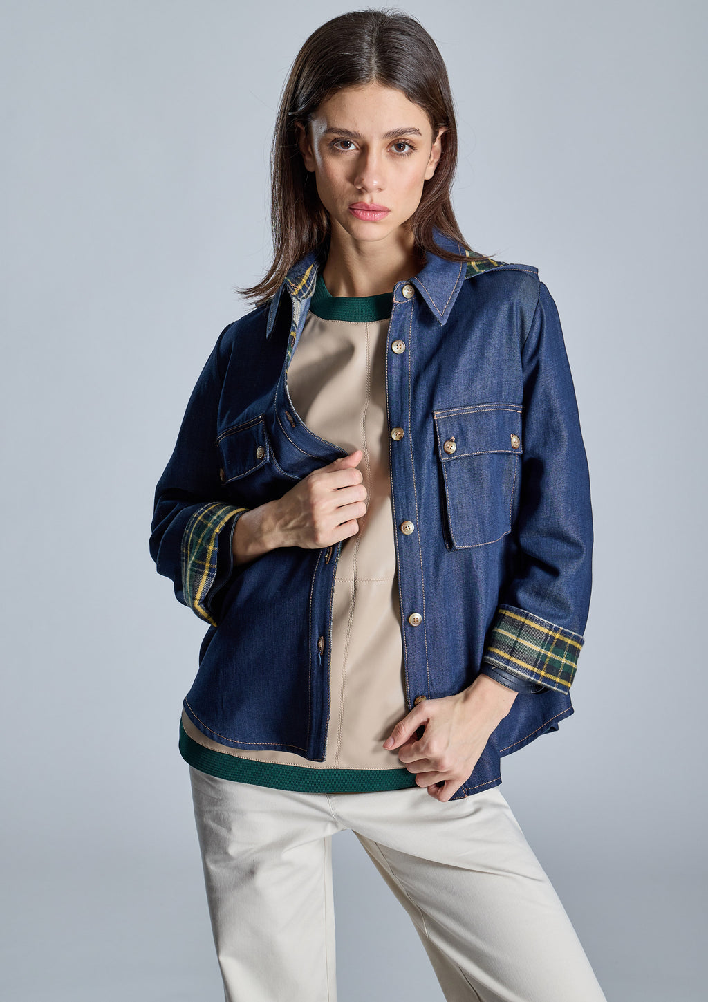 Chaqueta ALBA CONDE denim combinada cuadros
