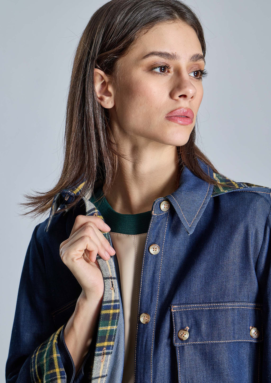 Chaqueta ALBA CONDE denim combinada cuadros