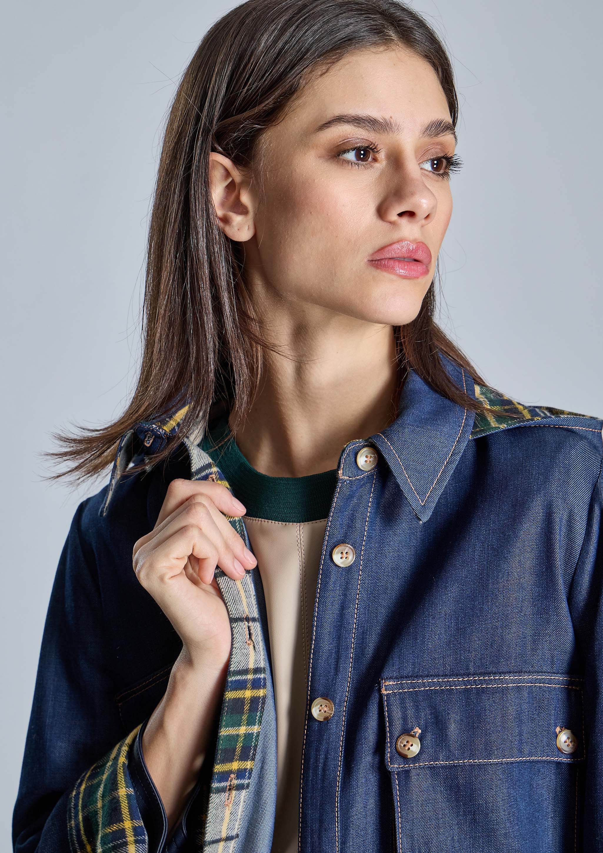 Chaqueta ALBA CONDE denim combinada cuadros