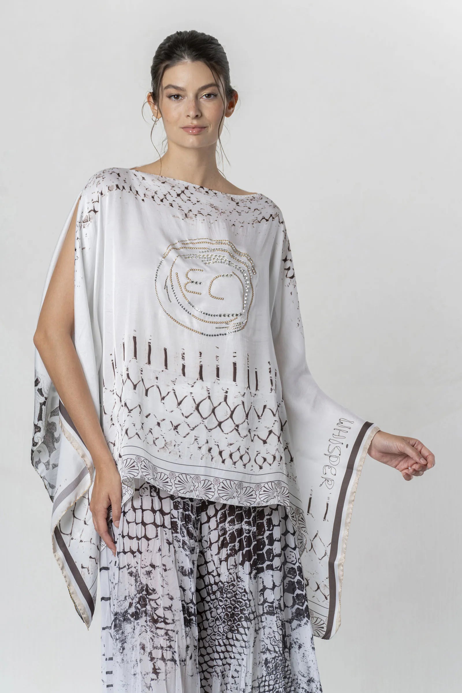 Caftán ELISA CAVALETTI estampado maxi blanco y marrón