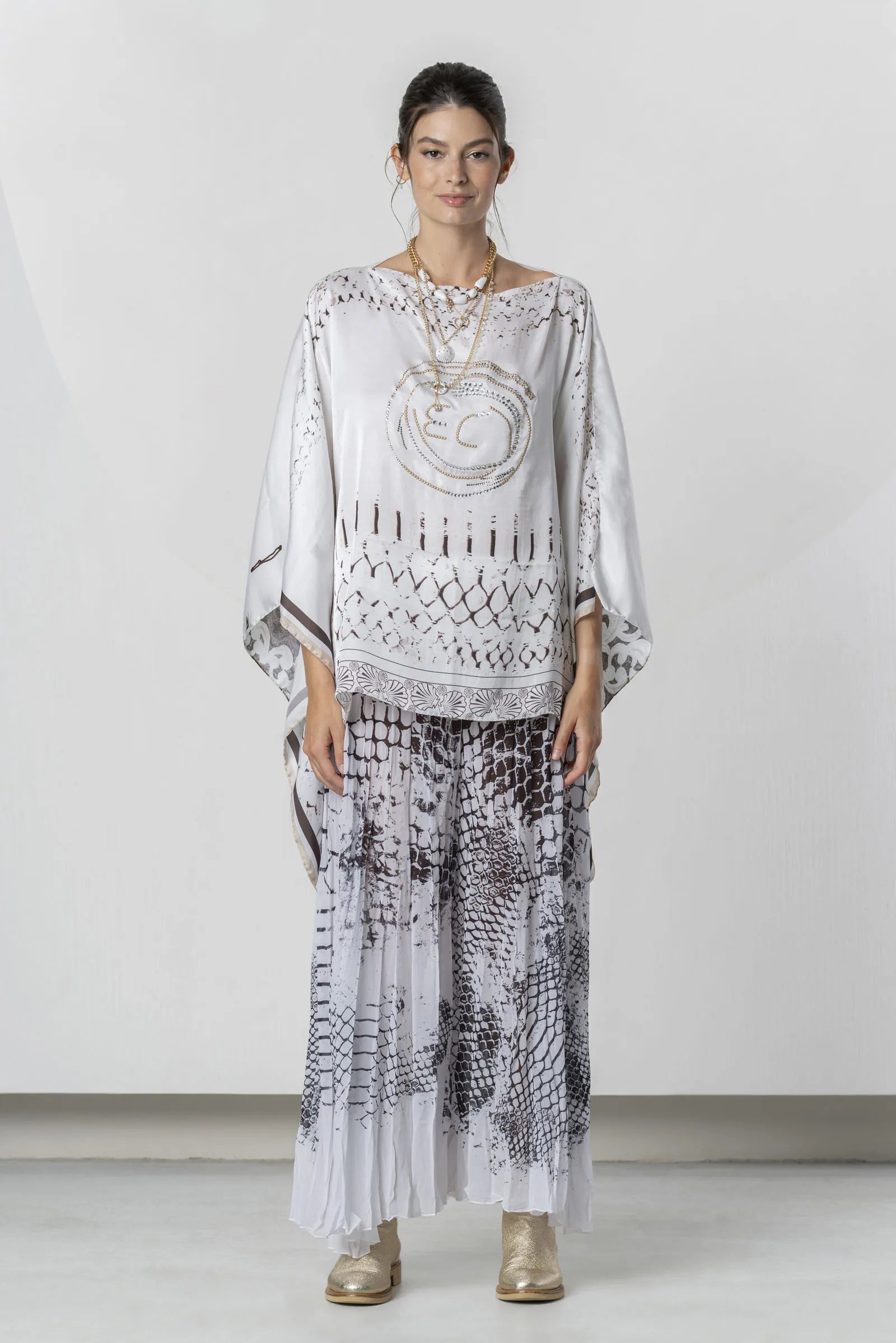 Caftán ELISA CAVALETTI estampado maxi blanco y marrón